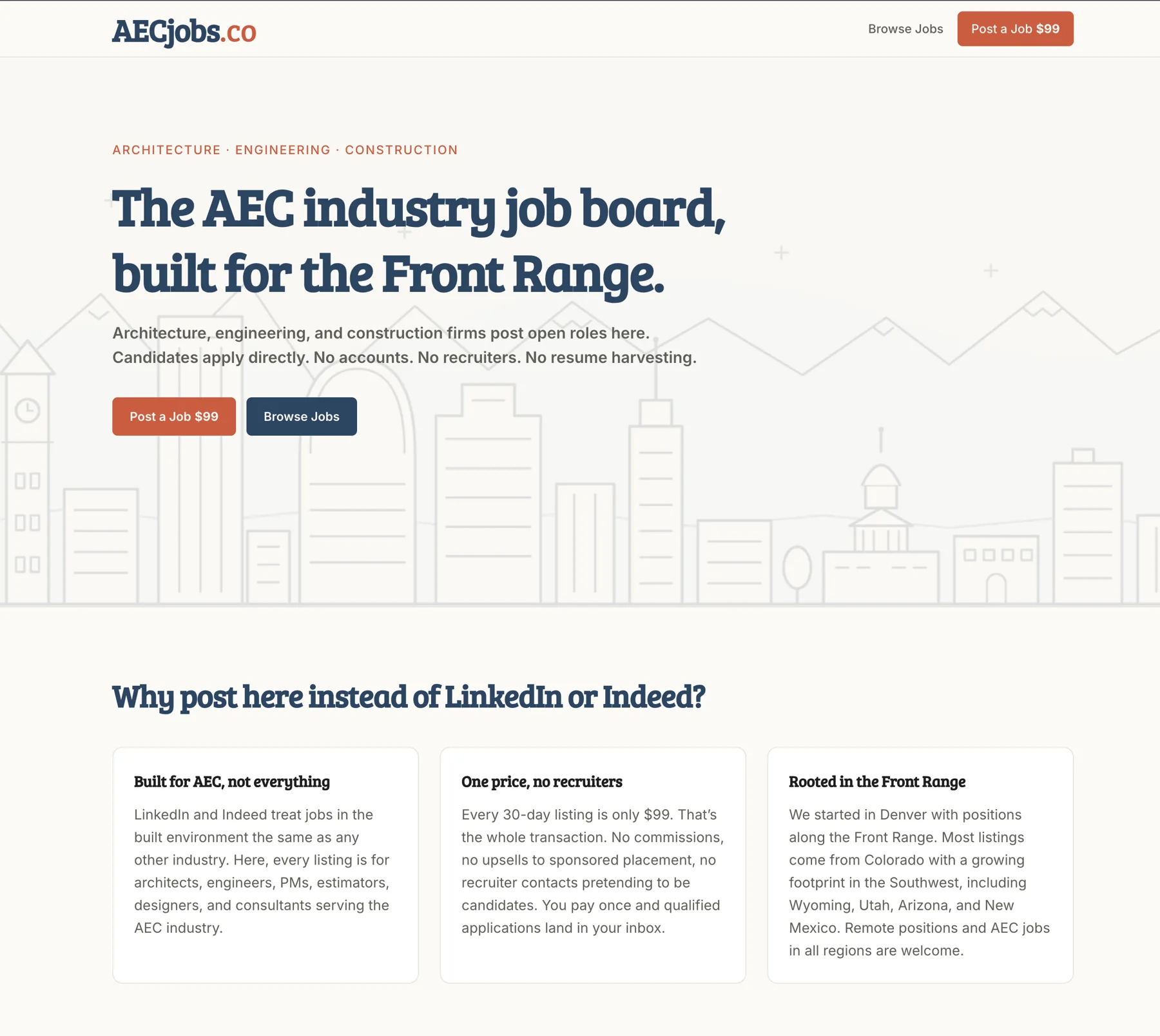 AECjobs.co website: homepage, positioning, and the “Why post here instead of LinkedIn or Indeed?” section
