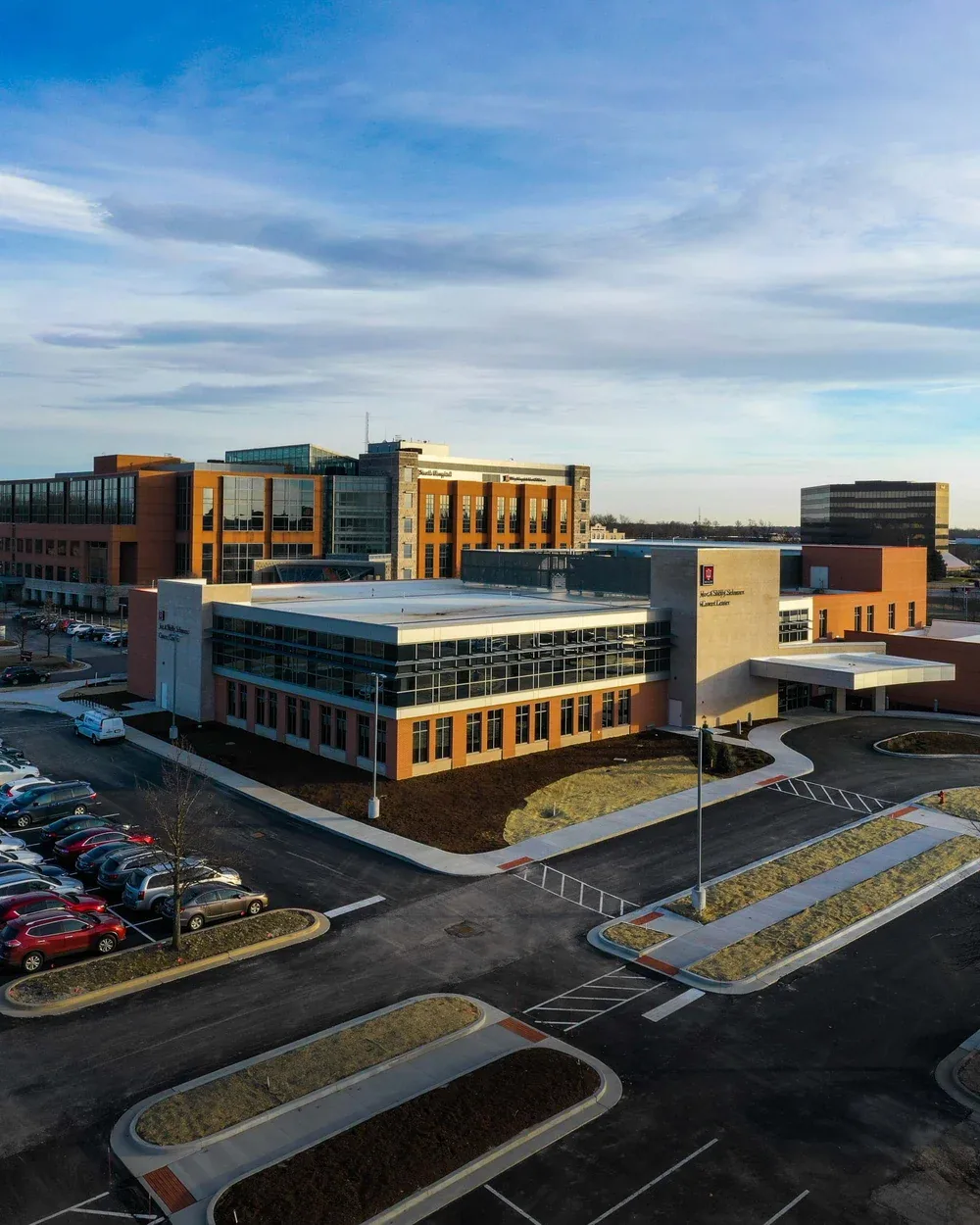 IU cancer center medical campus at dawn, aerial view