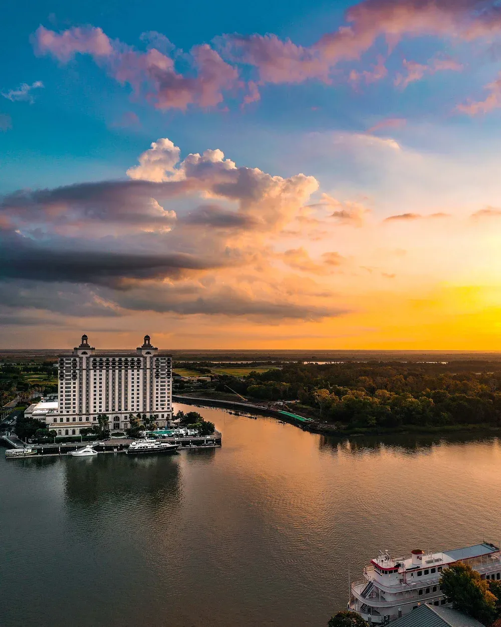 Westin Savannah riverfront at sunset, aerial view