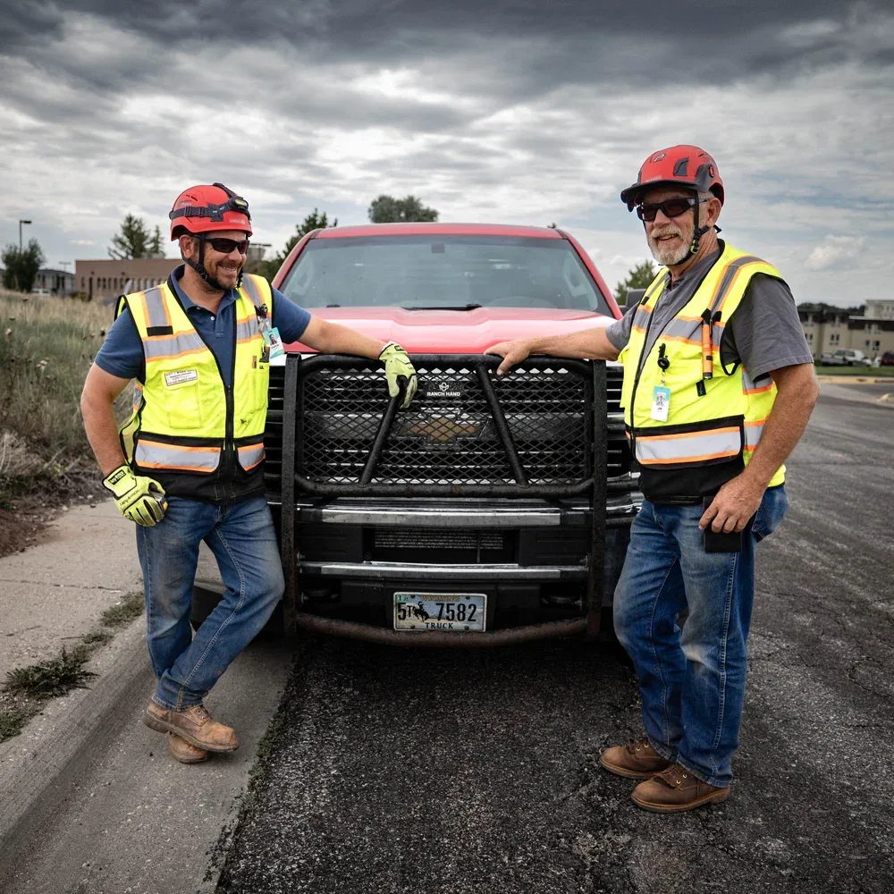Phipps construction crew with their truck, Laramie, Wyoming