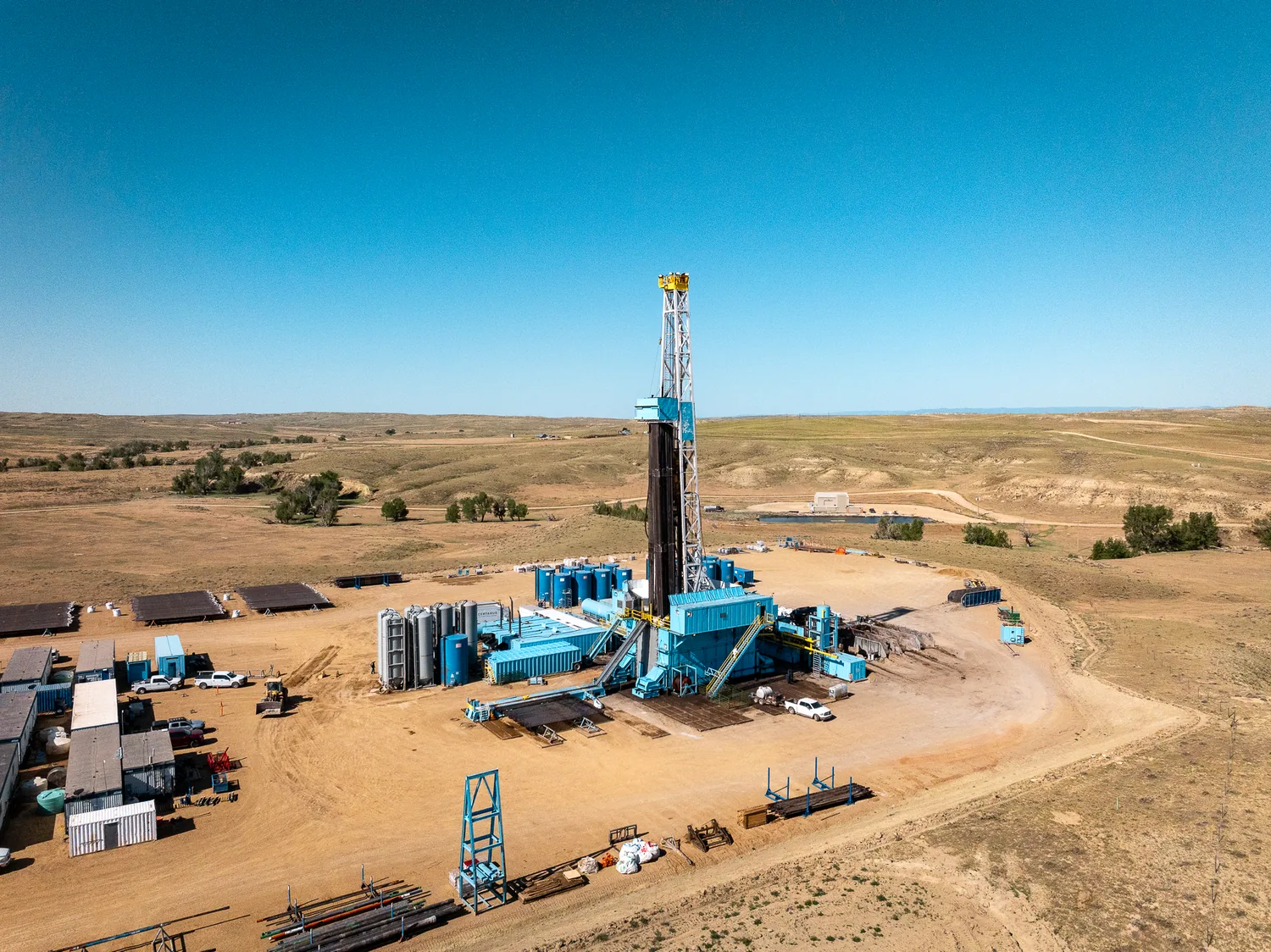 Drilling rig and well pad operations, aerial view