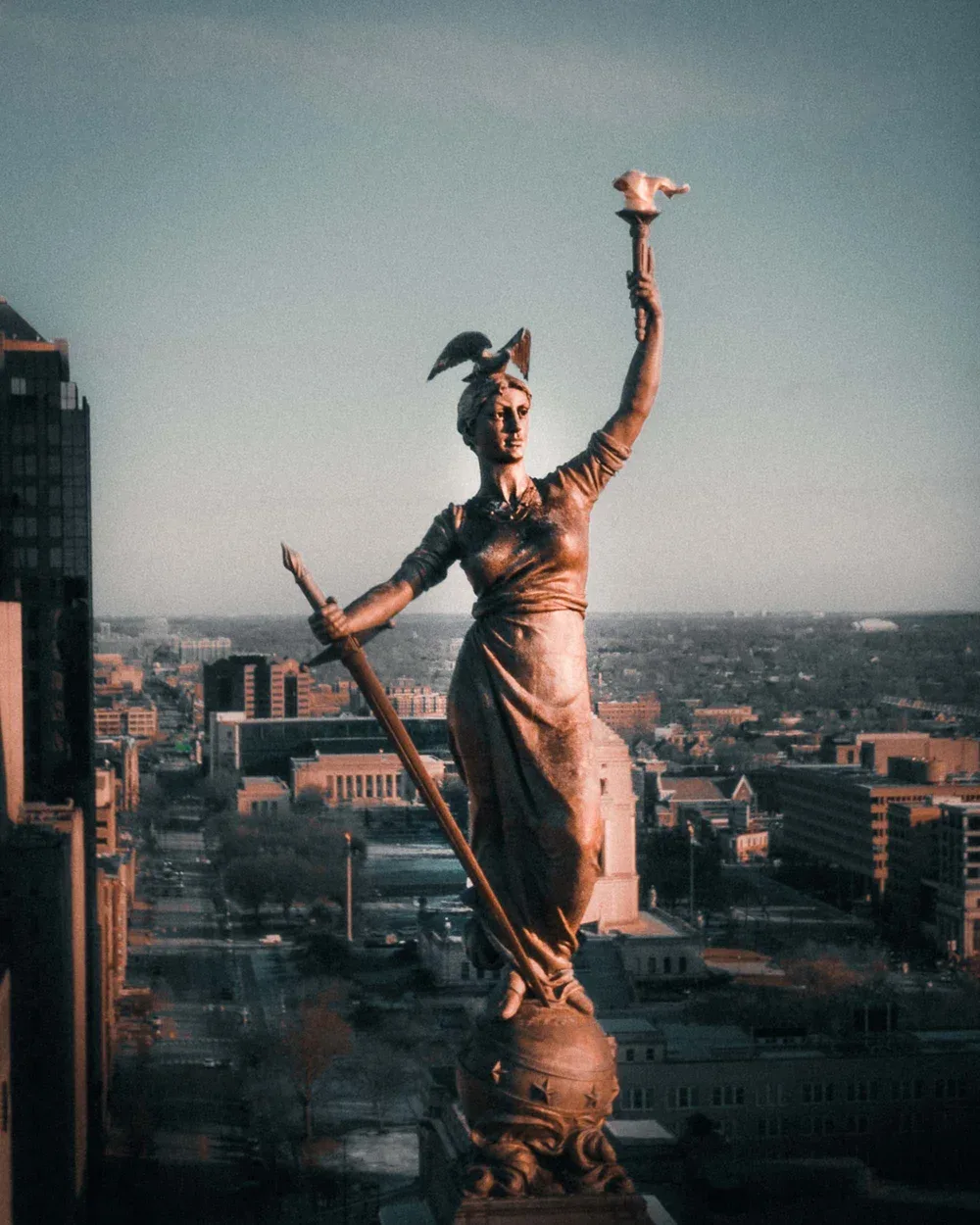 Lady Victory statue above Monument Circle, Indianapolis, drone photograph